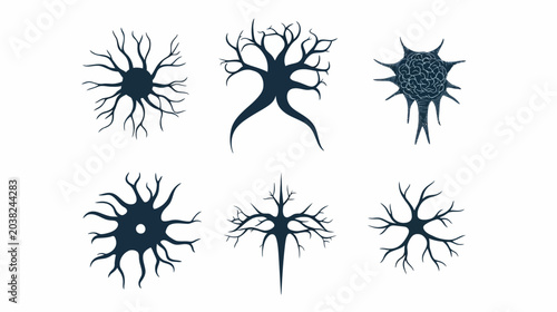 Six stylized illustrations of organic shapes resembling neurons or trees, in dark blue