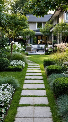 Serene Garden Pathway Leading to a Cozy Outdoor Space Surrounded by Lush Greenery and Elegant Landscaping