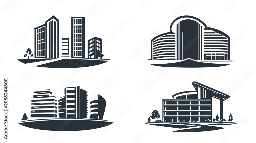 Fototapeta premium Four monochrome illustrations of building architecture with unique and geometric designs on a white background
