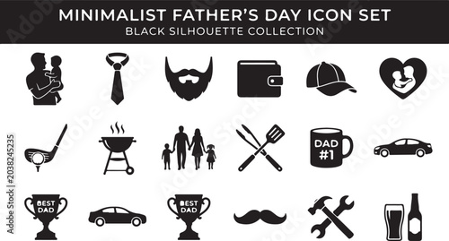 A complete minimalist father day vector graphic icon set featuring black silhouettes of various items related to parenting and hobbies for modern digital design projects