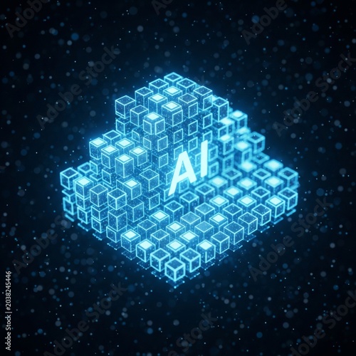 Glowing Abstract Cubic Array with Digital Text on Dark Background