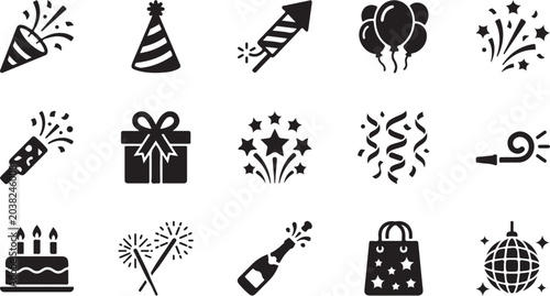 Set of black vector celebration icons featuring party supplies like fireworks balloons gifts and birthday cake designs for festive holiday graphic design projects and events