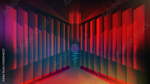 Abstract geometric stage background, red neon light panels, futuristic digital theater