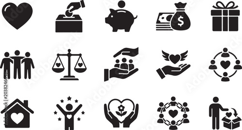 A comprehensive set of black charity and social welfare vector icons featuring hearts people hands and community symbols for modern graphic design and web interface projects