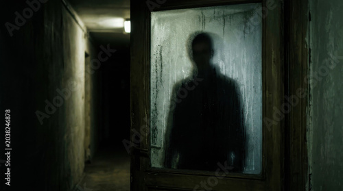 Mysterious Figure in Dimly Lit Hallway Behind Foggy Glass Door