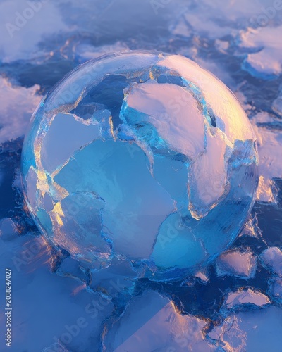 Cracked Ice Sphere on Frozen Surface with Reflection