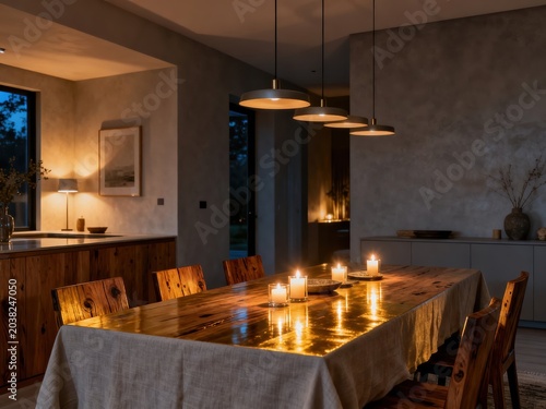 Scandinavian dining room at night, illuminated by candles and pendant lights, creating a cozy
