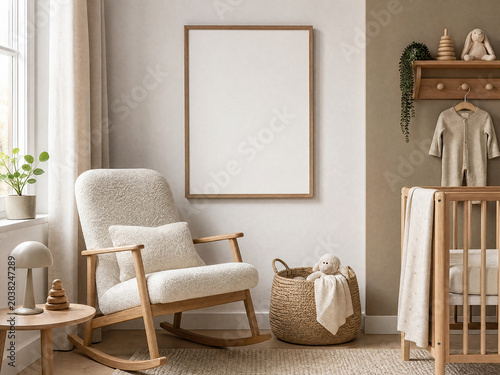 Vertical frame mockup for Scandinavian nursery wall art above rocking chair with boucle cushion and warm neutral palette
