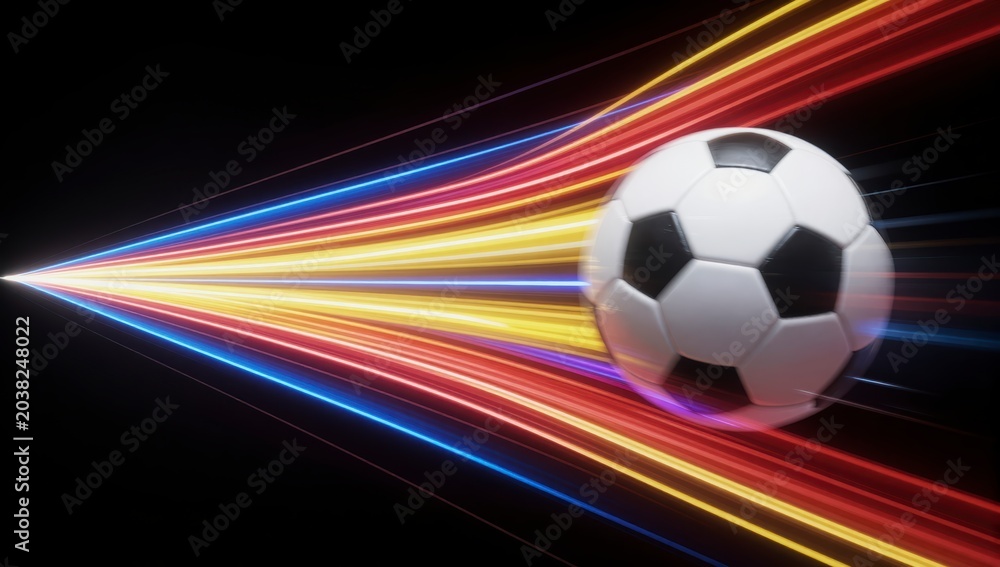 Naklejka premium Professional soccer ball flying through air with dynamic motion blur and bright neon light trails in red blue and yellow for sports action photography