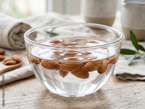 Raw almond nuts soaking in a clear glass bowl of water with air bubbles, placed on a rustic wooden table top next to a linen kitchen towel.