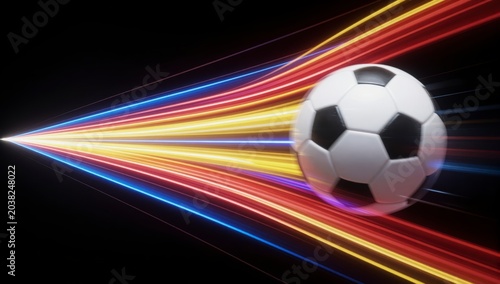 Professional soccer ball flying through air with dynamic motion blur and bright neon light trails in red blue and yellow for sports action photography