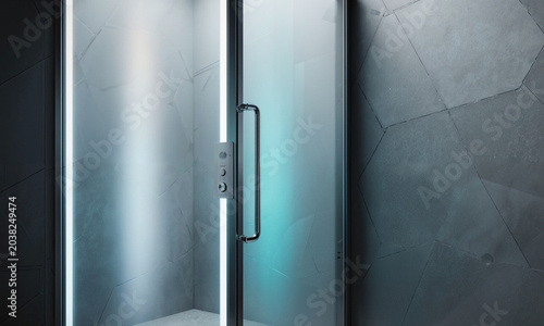 Shower glass enclosure luxury bathroom with ambient LED lighting and modern grey stone tiles in a contemporary home
