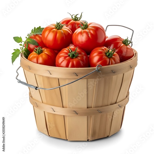 Freshly Harvested Ripe Red Tomatoes Overflowing in a Rustic Wooden Bushel Basket. Bushel of tomatoes