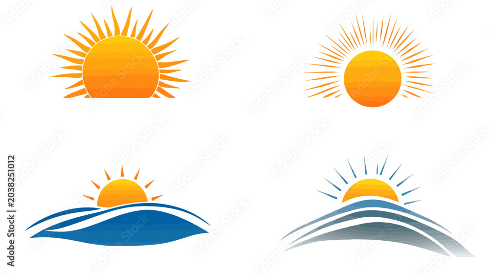 Fototapeta premium Four stylized depictions of the sun, with rays or rising above waves, in varying designs and gradients