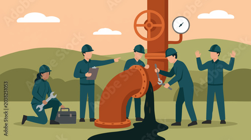 Tableau sur toile Oil pipeline leak causing environmental pollution, workers responding