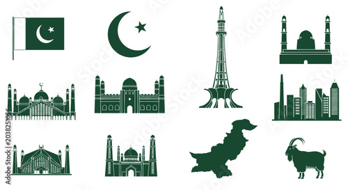 Foto Pakistan national symbols and landmarks vector set, green silhouette icons of mo