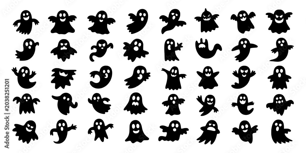 Naklejka premium Ghost silhouettes spooky collection of cute cartoon ghosts with varying poses for Halloween party design