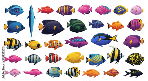 Tropical reef fish collection, colorful exotic sea creatures set, 35 vibrant marine life vector icons for aquarium and ocean education