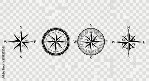 Vintage nautical compass rose collection, set of 4 black wind rose icons, antique maritime navigation symbols for maps and travel design
