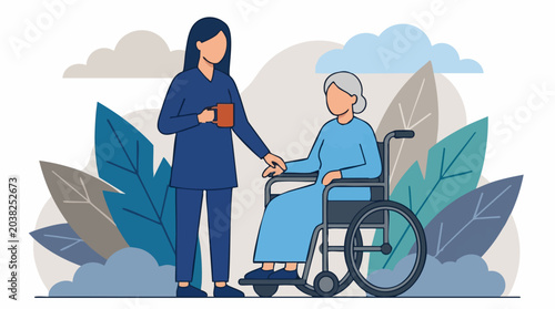 Billede på lærred Illustration of a caregiver assisting an elderly woman in a wheelchair