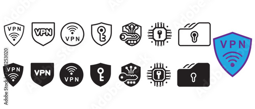 VPN Security Icons Set with Cyber Protection Shield Privacy Lock and Secure Network Vector