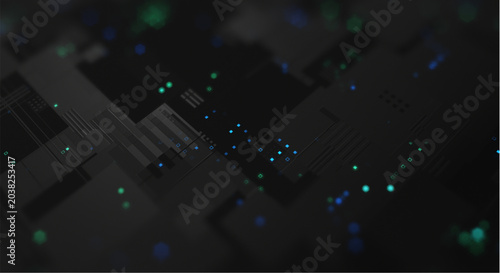 Konstfotografi Dark circuit board background with blue and green lights abstract technology con