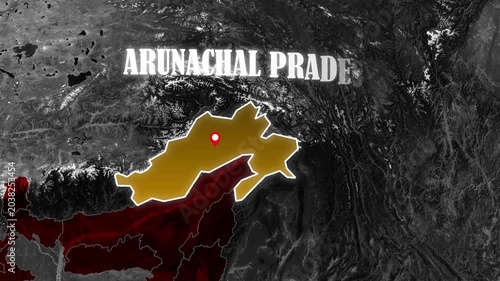 Arunachal Pradesh State Map Highlight Animation on India Geographic Background Featuring Political Boundaries, Regional Location Identification, Cartography Visualization, Educational Presentation, an