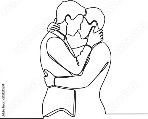 Continuous line drawing, couple hug, love, affection, minimalist art