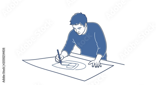 Foto Man drawing on large paper sheet.