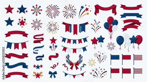 Collection of USA patriotic celebration elements with stars, flags, and fireworks