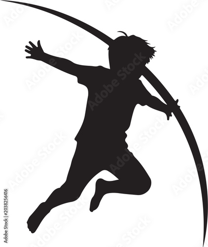 Black silhouette boy jumping, athletic kid running, energetic child illustration, sports vector icon