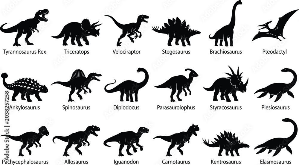 Fototapeta premium Dinosaur Silhouette Collection Featuring Tyrannosaurus Rex Triceratops Velociraptor Stegosaurus and Prehistoric Jurassic Creature Vector Set