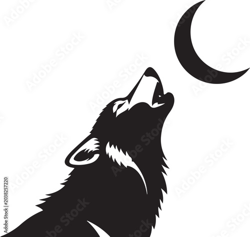 Wolf howling at moon, black silhouette, lunar night, wild animal