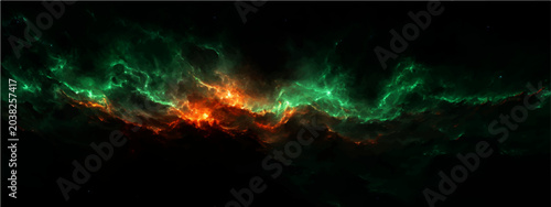 Bild auf Leinwand Vibrant cosmic nebula, glowing ethereal interstellar cloud, swirl of stellar gas, dust, charged particles, vibrant hues emerald, fiery orange, celestial wonder