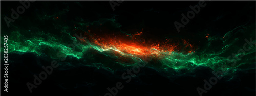Bild auf Leinwand Ethereal nebula with vibrant green and fiery orange hues stretches across the vast darkness of space, a cosmic spectacle