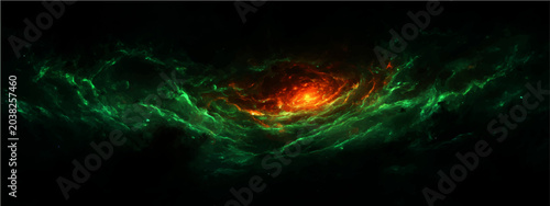 Foto Vibrant nebula swirls deep space, incandescent core glows intensely, casting ethereal emerald and crimson luminescence across cosmic dust clouds, a spectacle of astronomical wonder