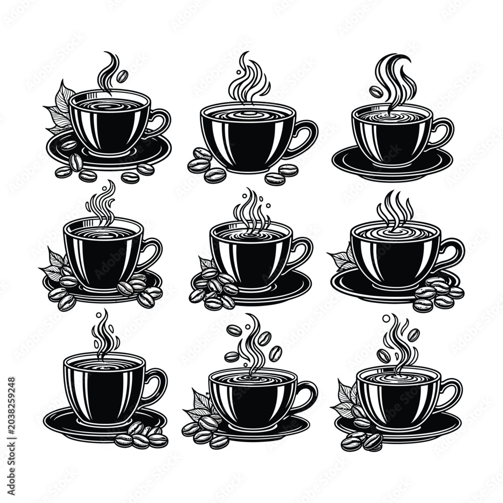 Obraz premium Nine Coffee Cups With Steam And Coffee Beans Art Illustration