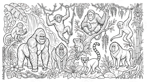 Canvas Print Jungle animals coloring page vector, wild monkey and gorilla in tropical rainfor