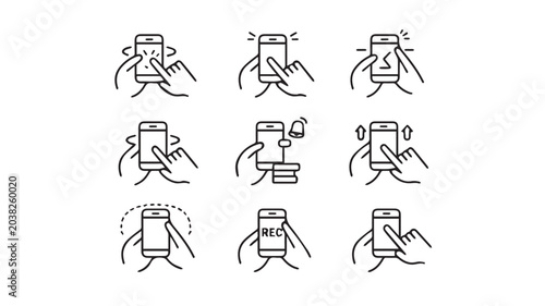 Vector graphic illustration of various hand gestures interacting with smartphones in a modern design style with black lines on white background