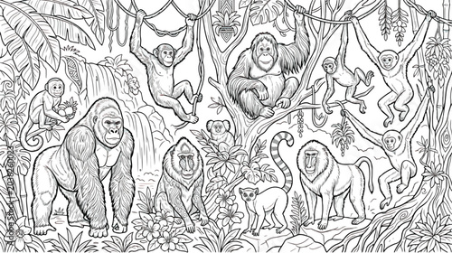 Εκτύπωση καμβά Jungle animals coloring page vector, tropical rainforest landscape with monkeys