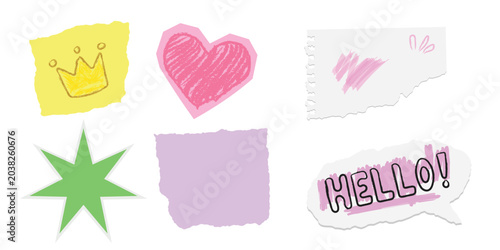 Set of cute handdrawn paper notes and stickers with crown, heart, star and hello text vector illustration