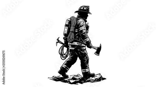 Foto Firefighter in Full Gear Walking Through Snow with Rescue Equipment in Winter Em