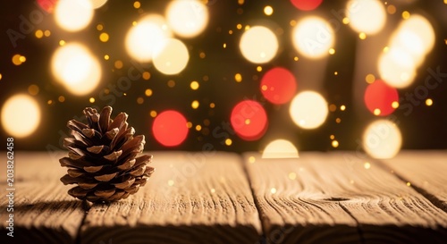 Pinecone on wooden table with festive bokeh lights background.