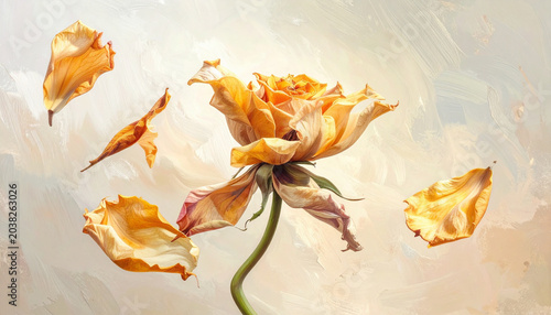 A wilting yellow rose with detached petals floating around it against a soft, warm background, symbolizing impermanence and delicate beauty.