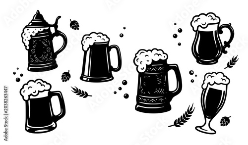 фотографія Collection of six vintage beer mug silhouette designs with foam tops vector illu