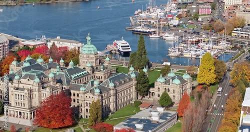 Aerial view of BC Legislative Parliament Building near harbor in Victoria, British Columbia, Canada