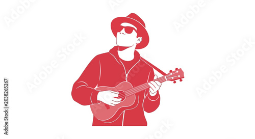 Quadro em tela Man playing a red ukulele instrument.