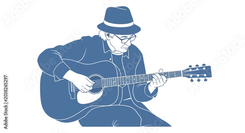 Schilderij op canvas Man playing acoustic guitar sitting down.