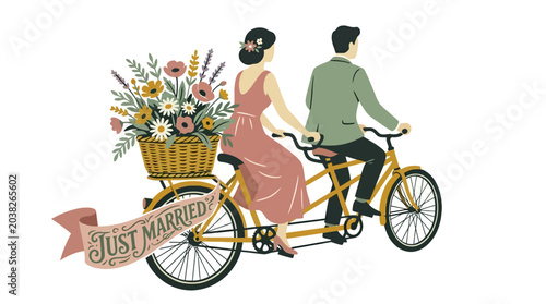 Charming 'Just Married' bicycle with a colorful flower basket vector illustration.