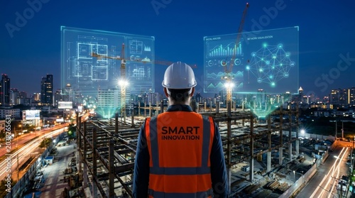 Construction Worker Overseeing Urban Project with Digital Overlay